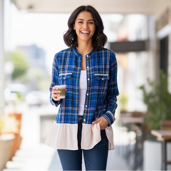 Hand Crafted Tops - Womens Blue Plaid Button-Up Top with Blush Accents